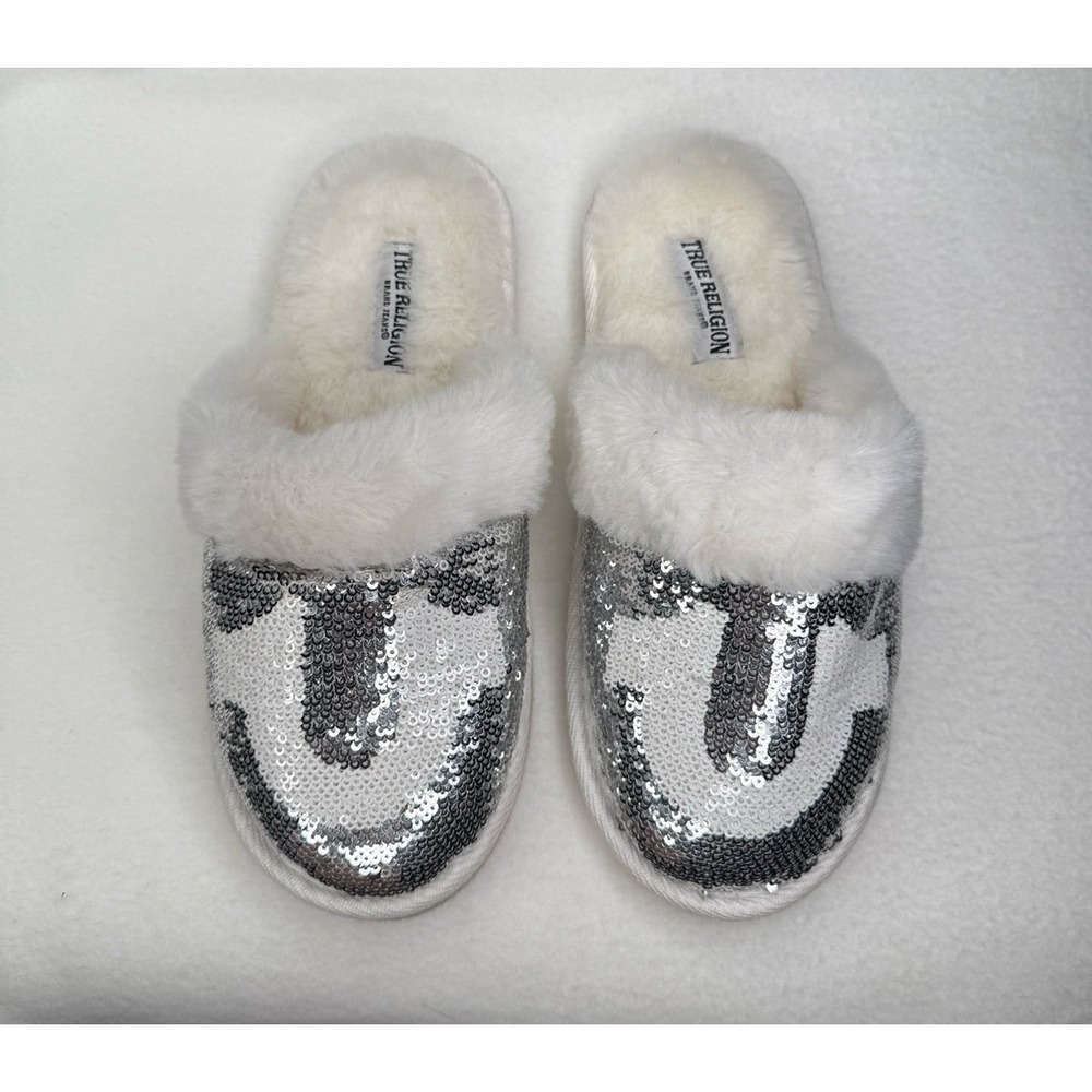 True Religion Sequin Horseshoe Faux Fur Slippers White Silver Women's Sz‎ S 5/6